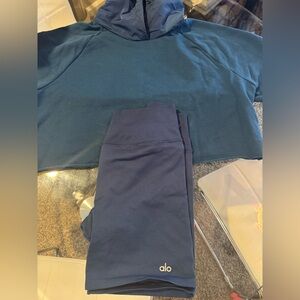 ALO Yoga Deep Blue crop Hoodie and shorts set